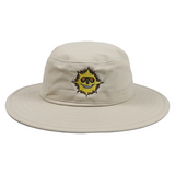 Beige bucket hat with a logo on a white background