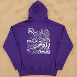 Purple hoodie with white artwork featuring a dog surfing on an oyster in Cape Cod located in the front of the Beachcomber in Wellfleet, MA. 