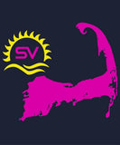 Map of  Cape Cod Massachusetts in pink with 'SV' logo on a black background