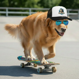 Dog wearing a cap and skateboarding on a concrete surface with greenery in the background
